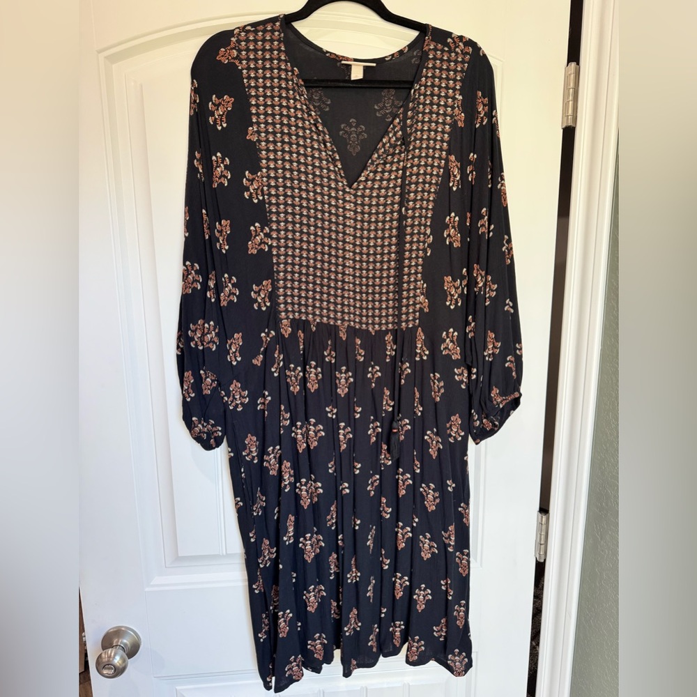 Knox Rose Boho Floral Midi Dress XL Black Long Sleeve Cottagecore V Neck